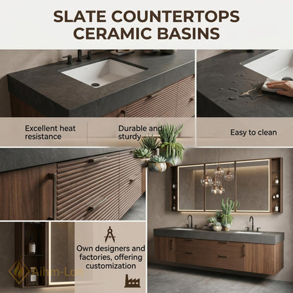 72''-96'' Double Bathroom Vanity with Sink Dark Modern Floating Stone-Top