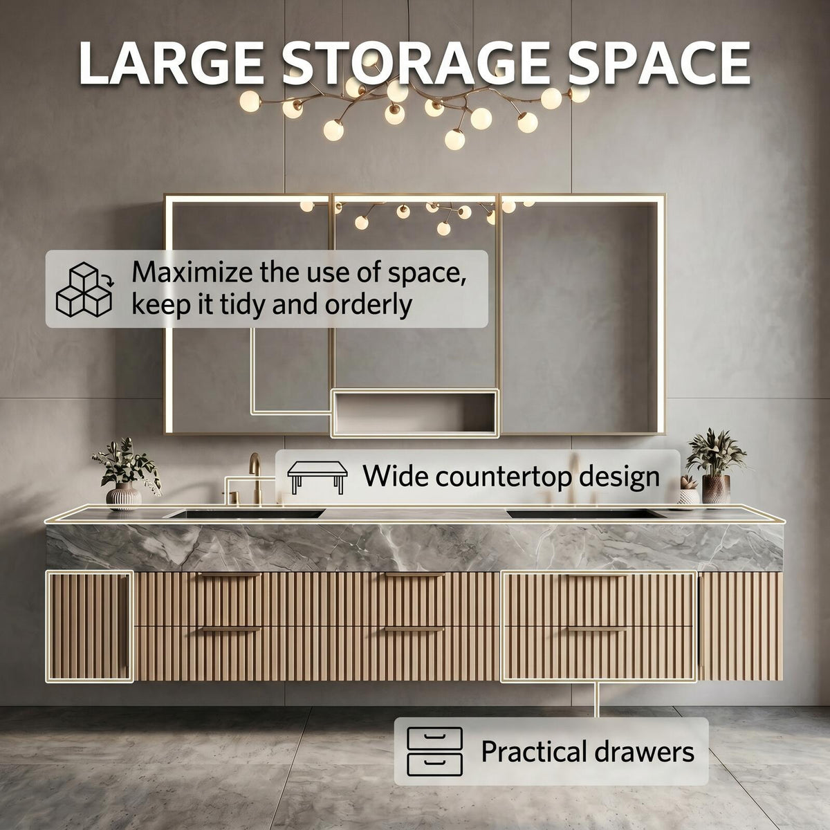 60''-96'' Double Bathroom Vanity with Sink Modern Floating Grey Marble Look Slatted Panel