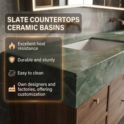 60''-96'' Double Bathroom Vanity with Sink Modern Floating Green Marble Wide Drawers