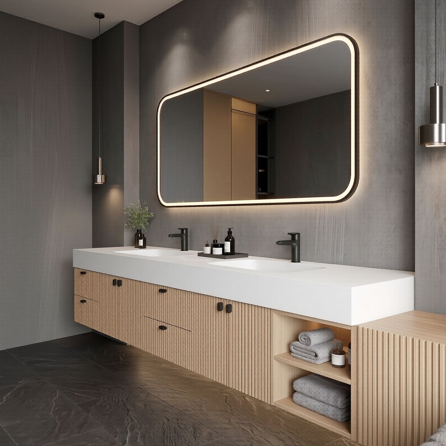 72''-96'' Modern Bathroom Vanity with Sink Double Basin Vertical Slats Solid Stone Cabinet