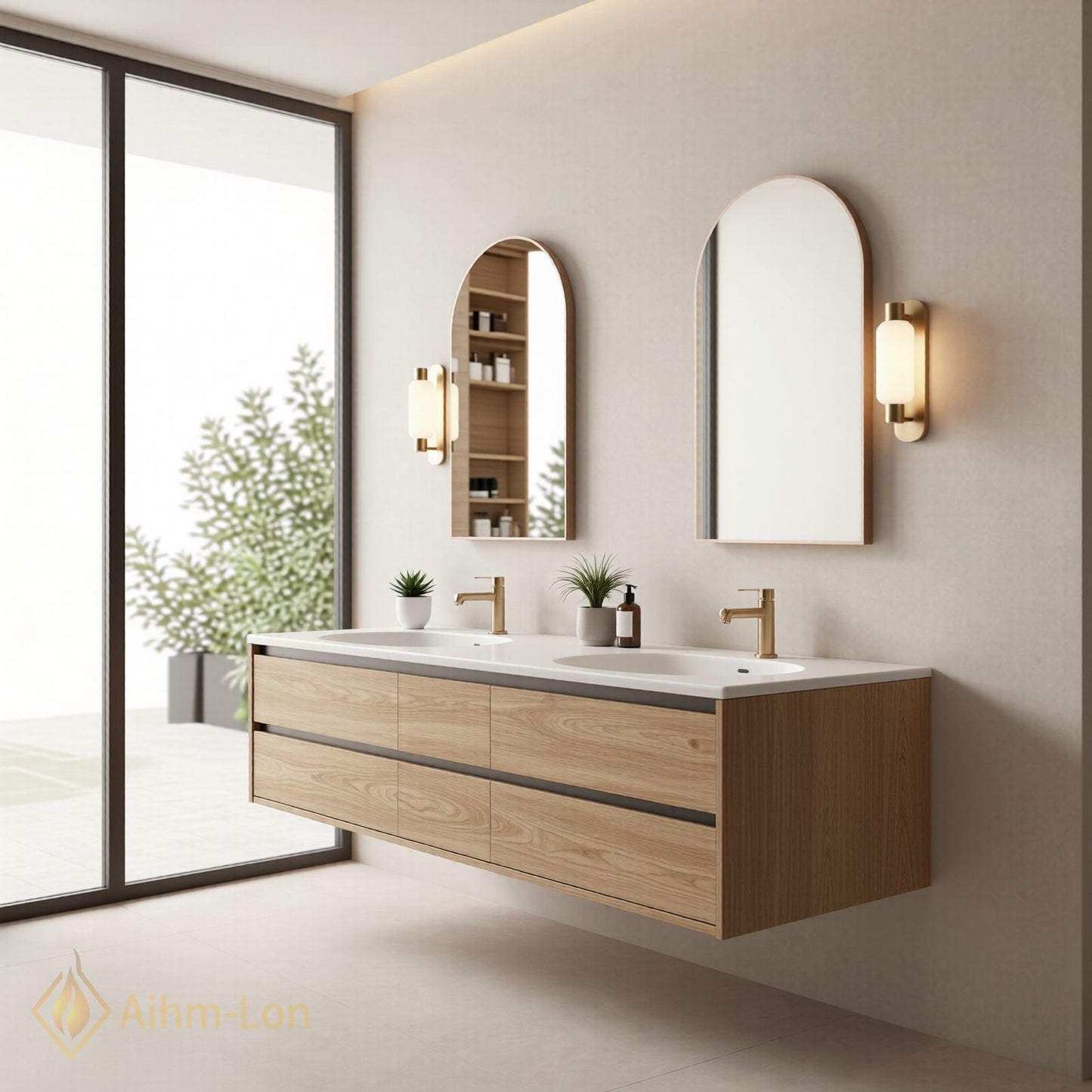 60''-96'' Modern Bathroom Vanity with Sink Floating Oak Grain Gold Tone Drawers