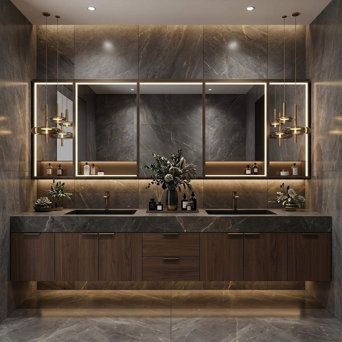 60''-96'' Double Bathroom Vanity with Sink Modern Floating Dark Walnut Slatted Center Panel