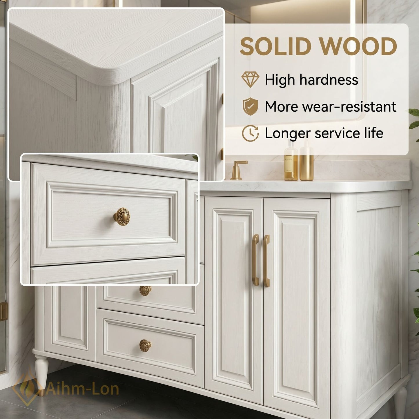 40''-64'' Modern Bathroom Vanity with Sink White Marble Gold Legs Central Drawers