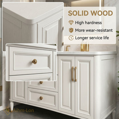 40''-64'' Modern Bathroom Vanity with Sink White Marble Gold Legs Central Drawers