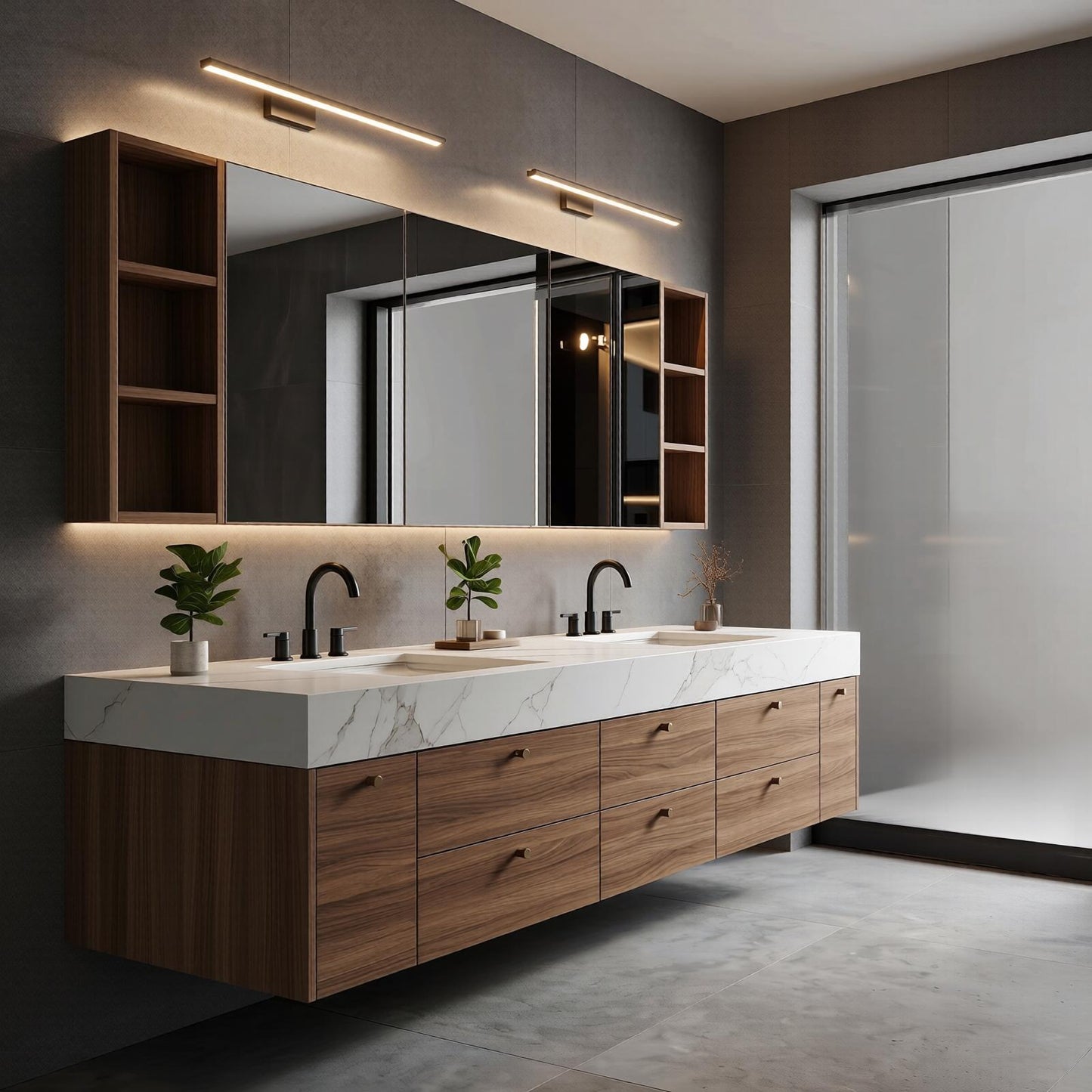 70''-96'' Floating Bathroom Vanity with Sink Double Sink Warm Wood Grain Marble Top Cabinet