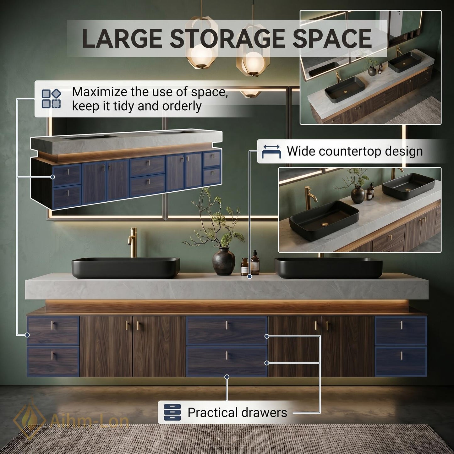 72''-96'' Double Bathroom Vanity with Sink Dark-Wood Floating Stone Countertop Elegant