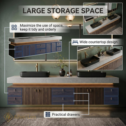 72''-96'' Double Bathroom Vanity with Sink Dark-Wood Floating Stone Countertop Elegant