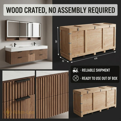 70''-96'' Modern Double Bathroom Vanity with Sink Floating Slatted Doors Warm Walnut