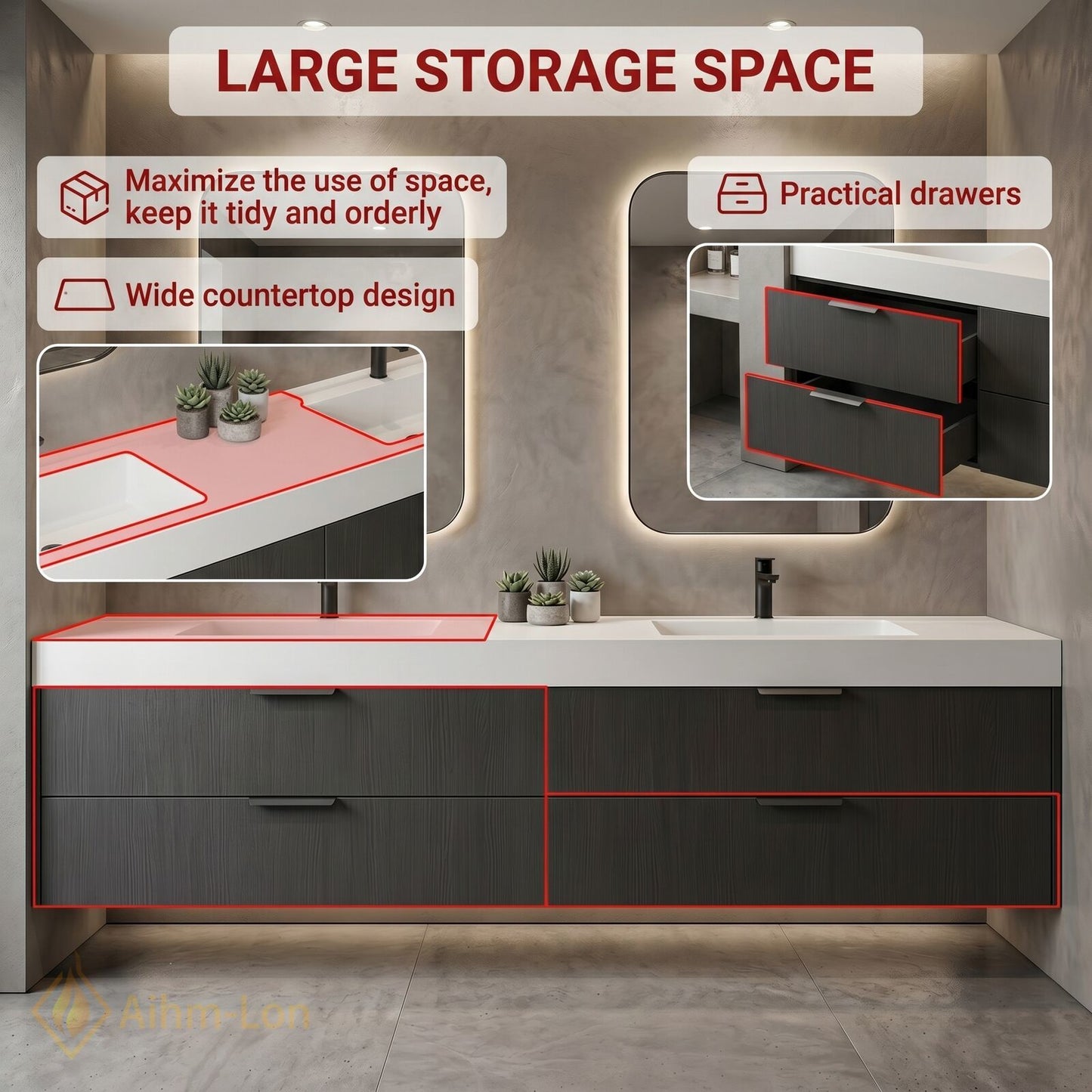 60''-96'' Double Bathroom Vanity with Sink Floating Wood-Grain Illuminated Mirror Dark Finish