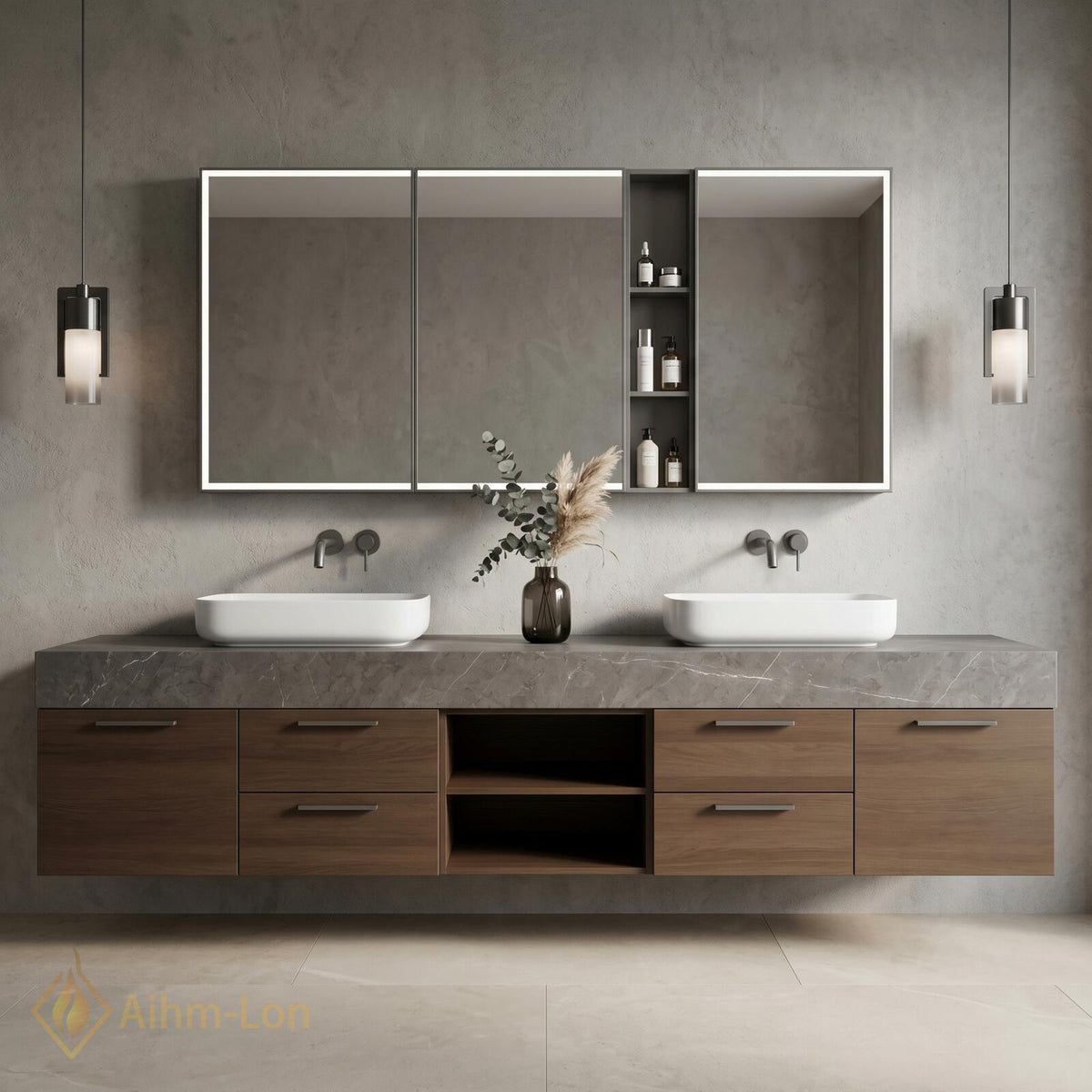 60''-96'' Double Bathroom Vanity with Sink Basin Woodgrain Finish Slatted Open Shelving
