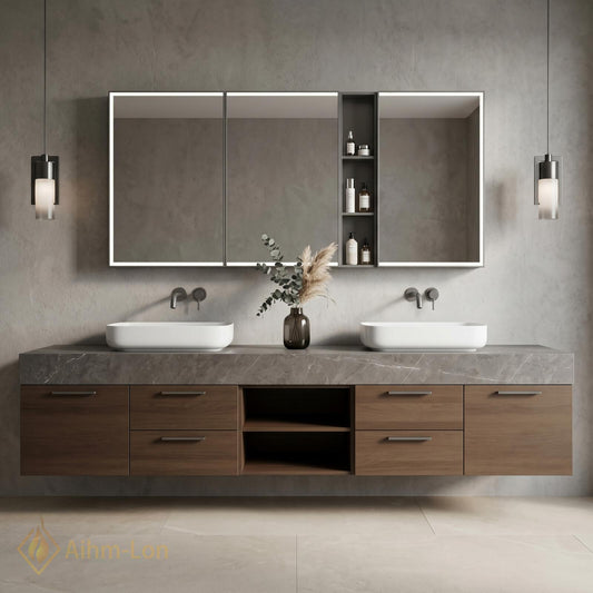 60''-96'' Double Bathroom Vanity with Sink Basin Woodgrain Finish Slatted Open Shelving