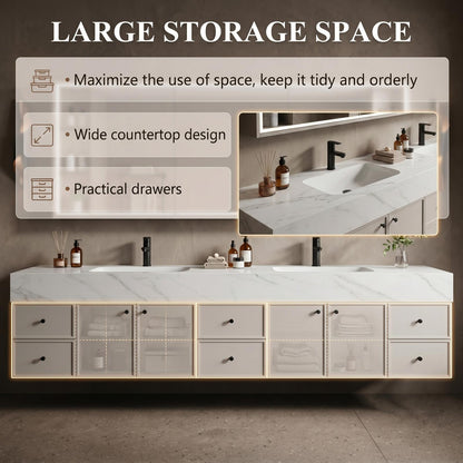 70''-96'' Modern Bathroom Vanity with Sink Double Sink Soft Grey Large Mirror Cabinet