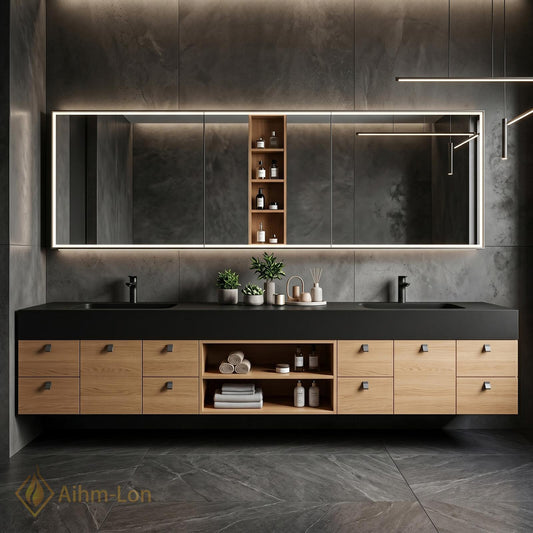 60''-96'' Double Bathroom Vanity with Sink Dark Matte Top Light Wood Drawers