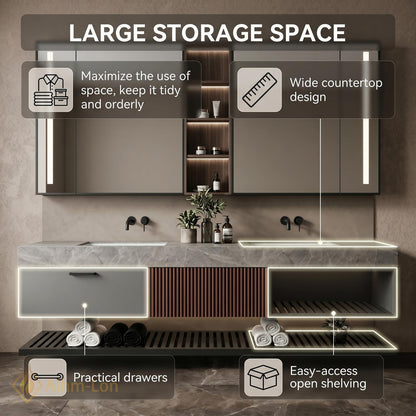 60''-96'' Double Bathroom Vanity with Sink Modern Floating Dark Grey Finish Slatted