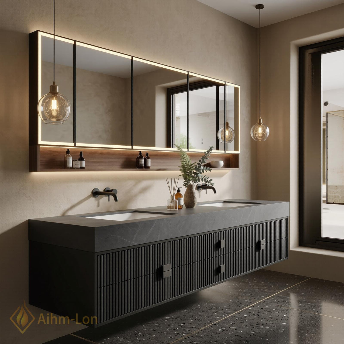 60''-96'' Bathroom Vanity with Sink Modern Floating Slatted Front Panels Mirror Shelf
