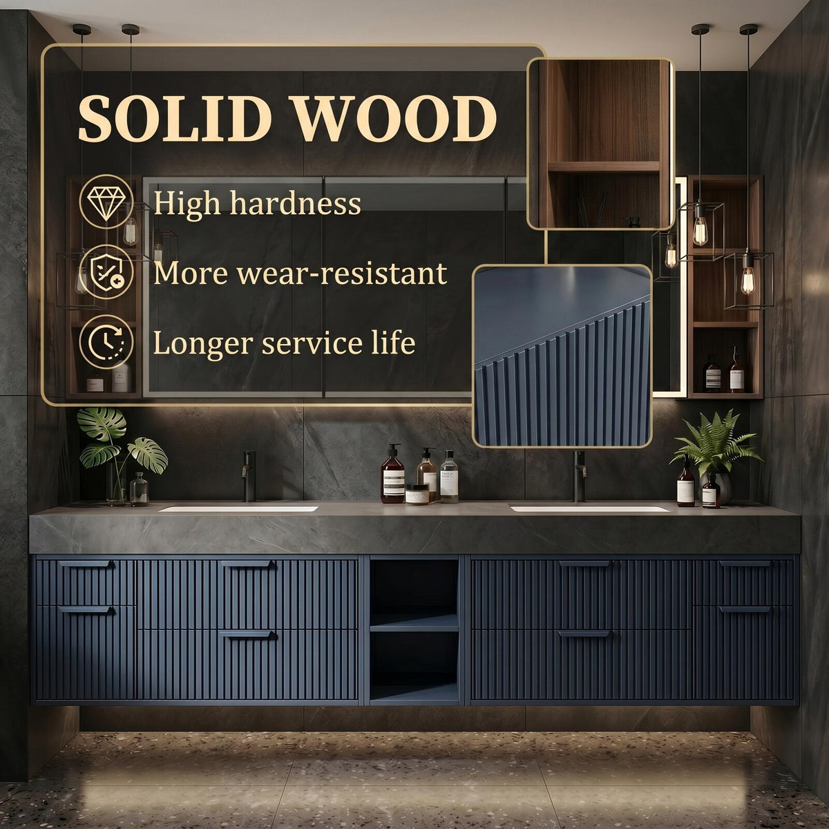 60''-96'' Double Bathroom Vanity with Sink Modern Floating Slate-Gray Finish Slatted Front