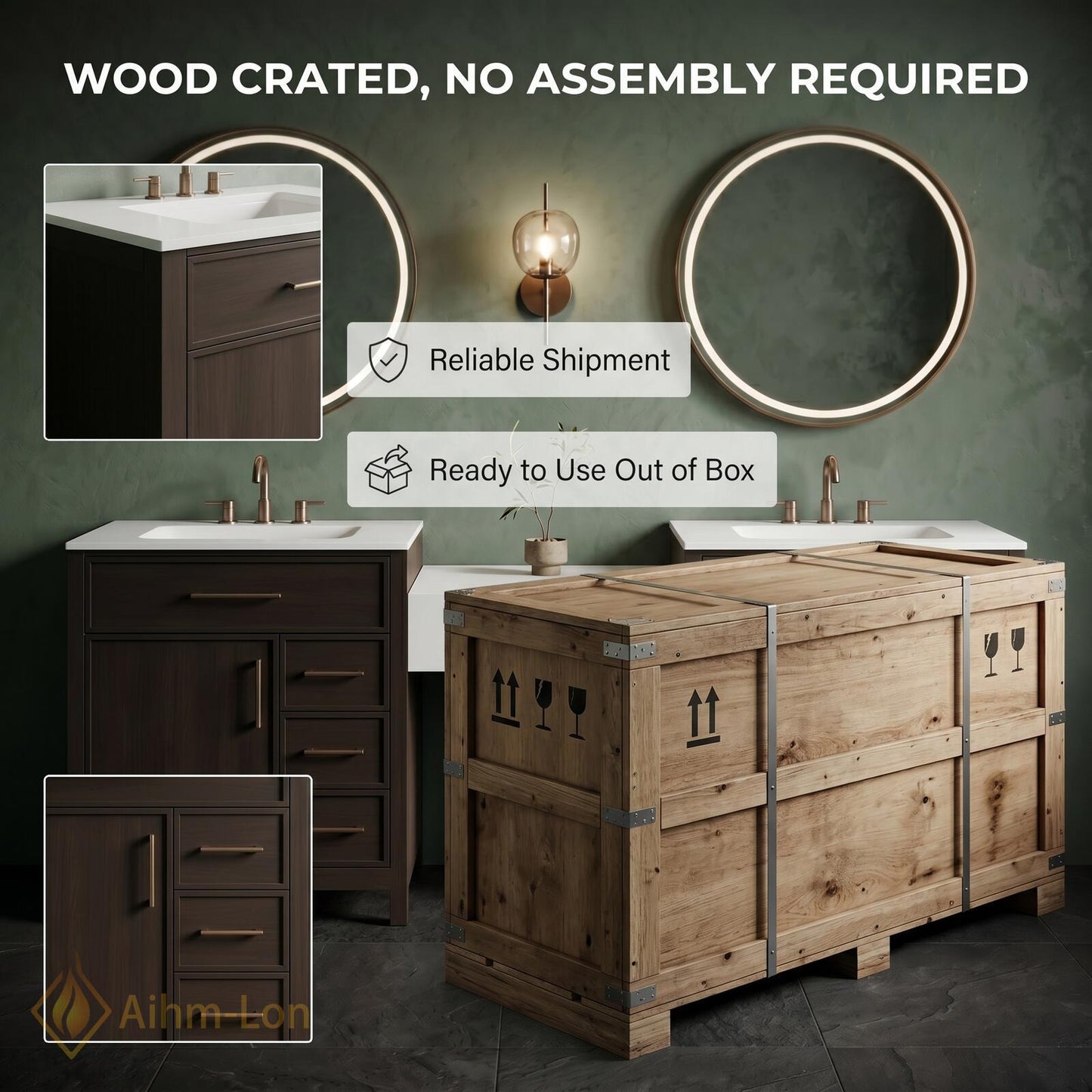 60''-96'' Double Bathroom Vanity with Sink Walnut Floating Modern Slatted Center Panel