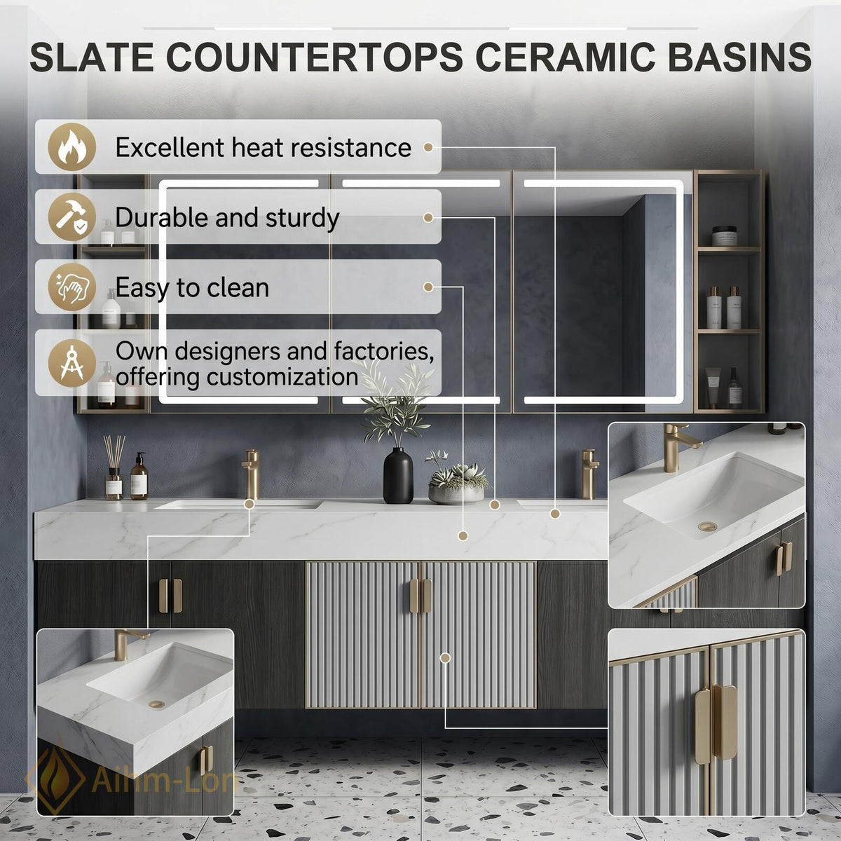60''-96'' Double Bathroom Vanity with Sink Floating Marble-Effect Top Fluted Center Panels