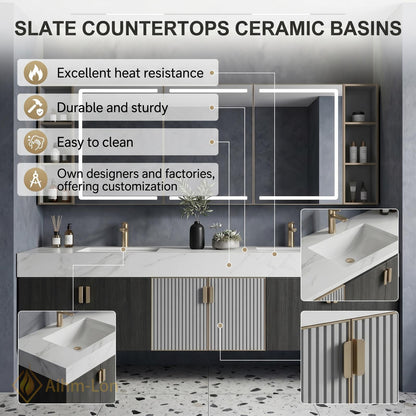 60''-96'' Double Bathroom Vanity with Sink Floating Marble-Effect Top Fluted Center Panels
