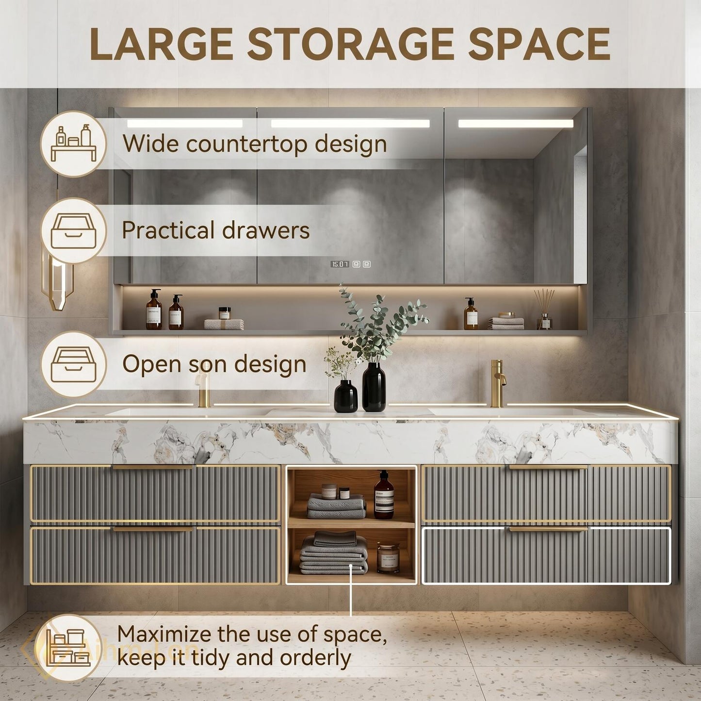 60''-96'' Double Bathroom Vanity with Sink Modern Floating Basin Fluted Drawers Open