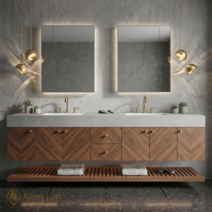 76''-96'' Modern Bathroom Vanity with Sink Floating Chevron Wood Stone Slatted Shelving