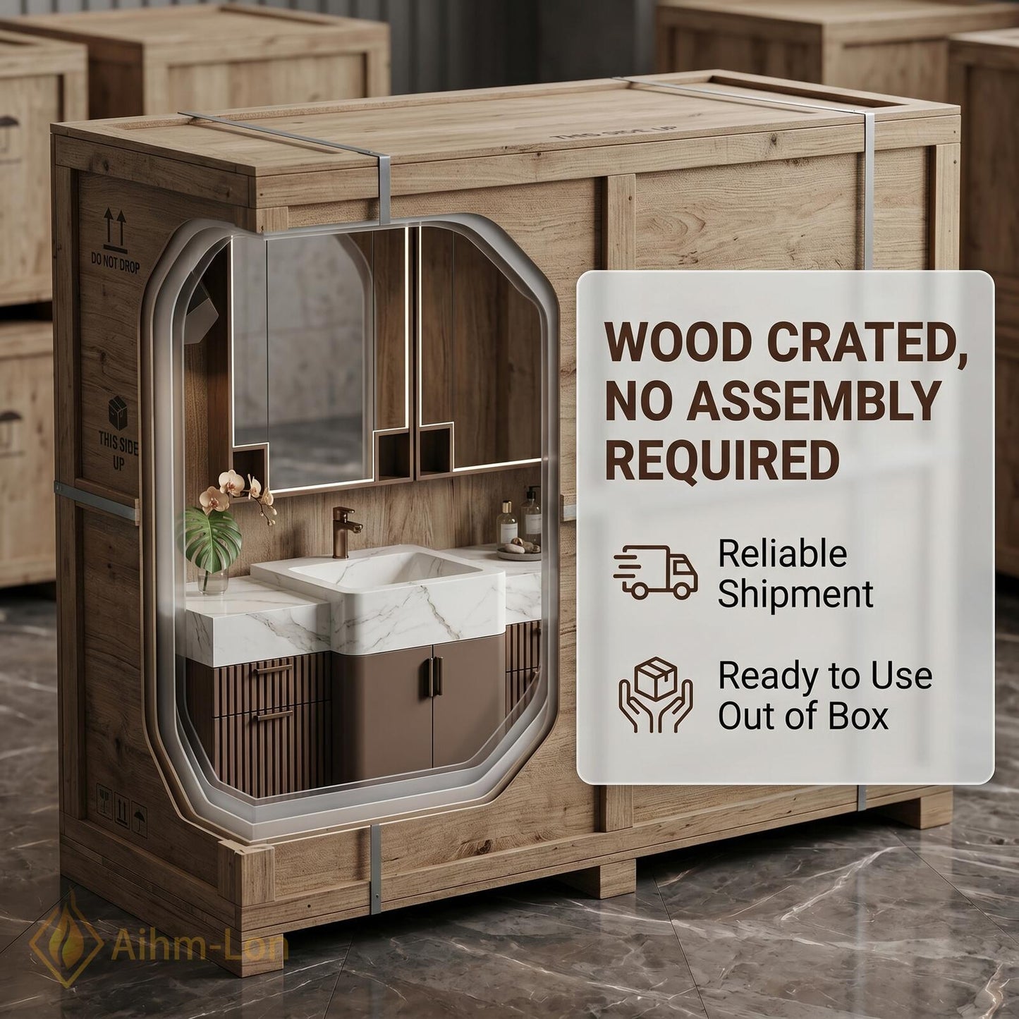 60''-96'' Modern Bathroom Vanity with Sink Floating Espresso Slatted Marble Triple Mirror