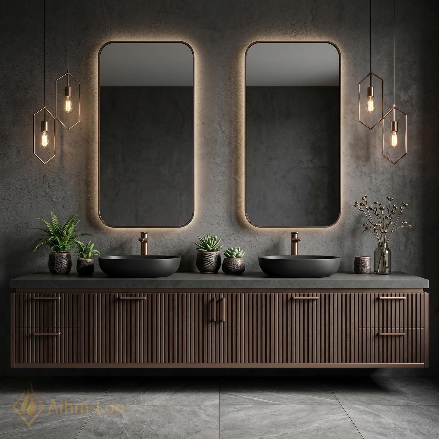 70''-96'' Double Bathroom Vanity with Sink Dark Modern Floating Slatted-Panels Bronze