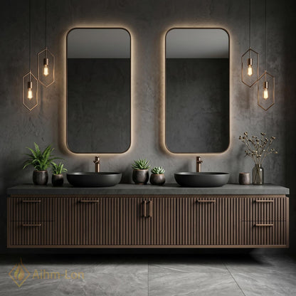 70''-96'' Double Bathroom Vanity with Sink Dark Modern Floating Slatted-Panels Bronze