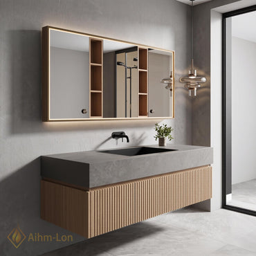 36''-110'' Double Bathroom Vanity with Sink Floating Slatted Front Grey Stone Top