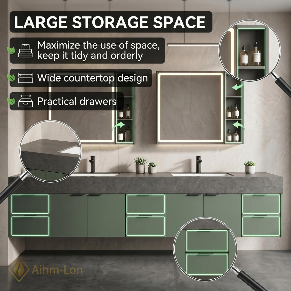 60''-96'' Double Bathroom Vanity with Sink Geometric Tile Front Green Marble Top