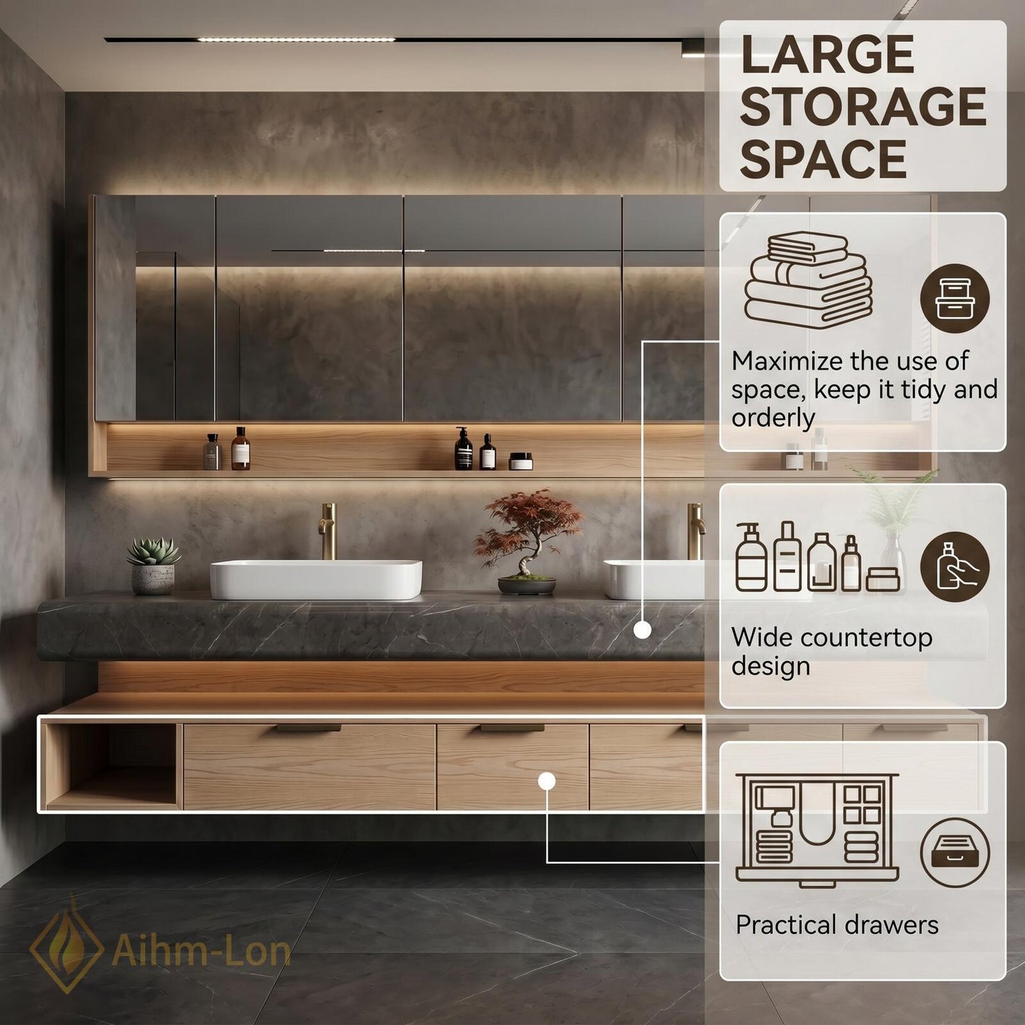 70''-96'' Double Bathroom Vanity with Sink Modern Floating Open Shelving Light Oak