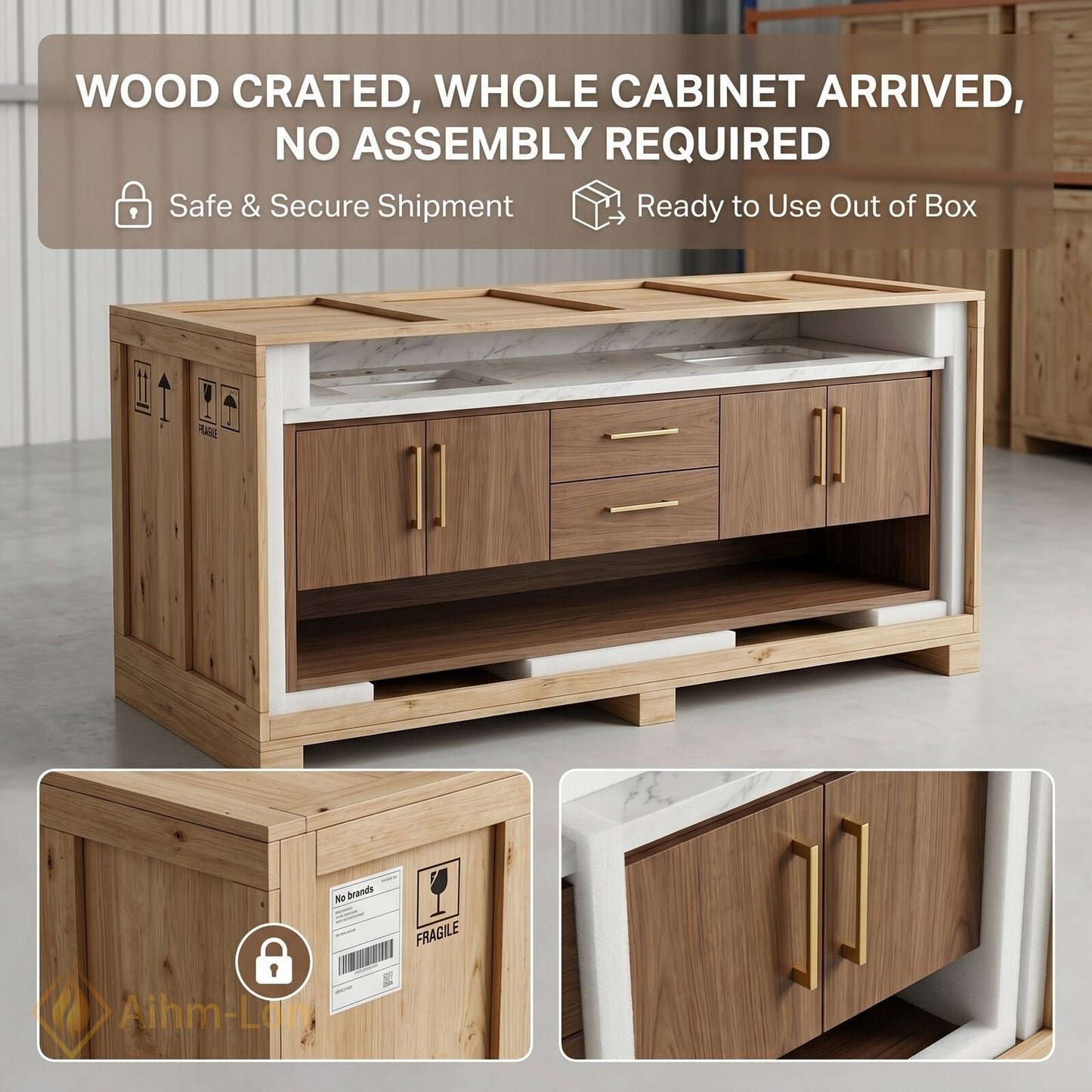 60''-96'' Double Bathroom Vanity with Sink Wood Grain Marble Pattern Dual Open Shelves Cabinet