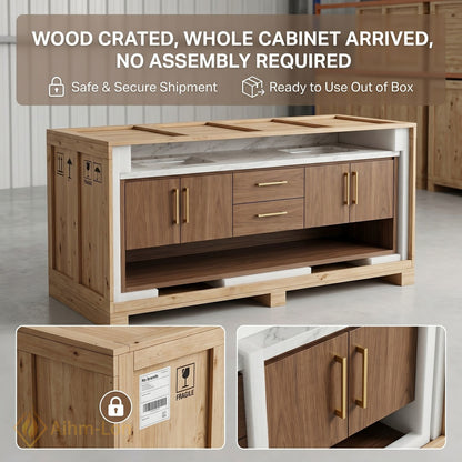 60''-96'' Double Bathroom Vanity with Sink Wood Grain Marble Pattern Dual Open Shelves Cabinet