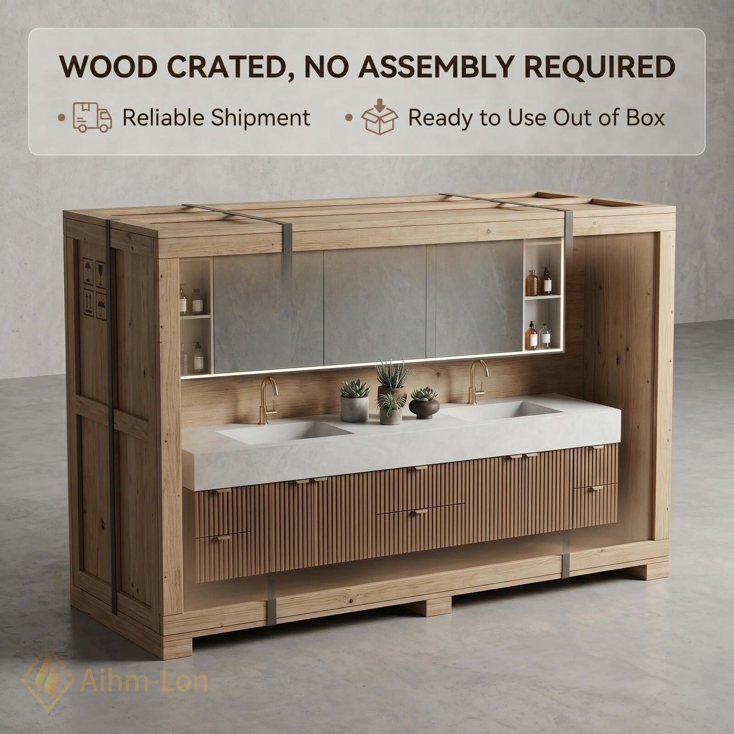76''-96'' Modern Bathroom Vanity with Sink Floating Slatted Wood White Stone Mirror Cabinet
