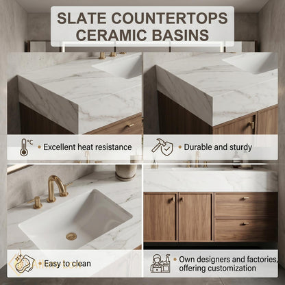 76''-96'' Double Bathroom Vanity with Sink Natural Wood Grain Center Open Shelving