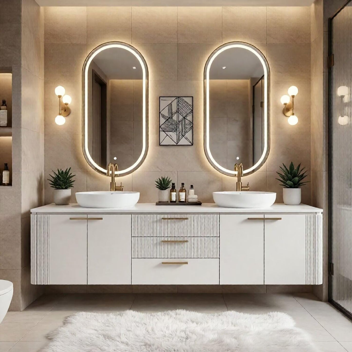 60“-96”Floating Bathroom Vanities with Double Sink (White Vertical Texture)