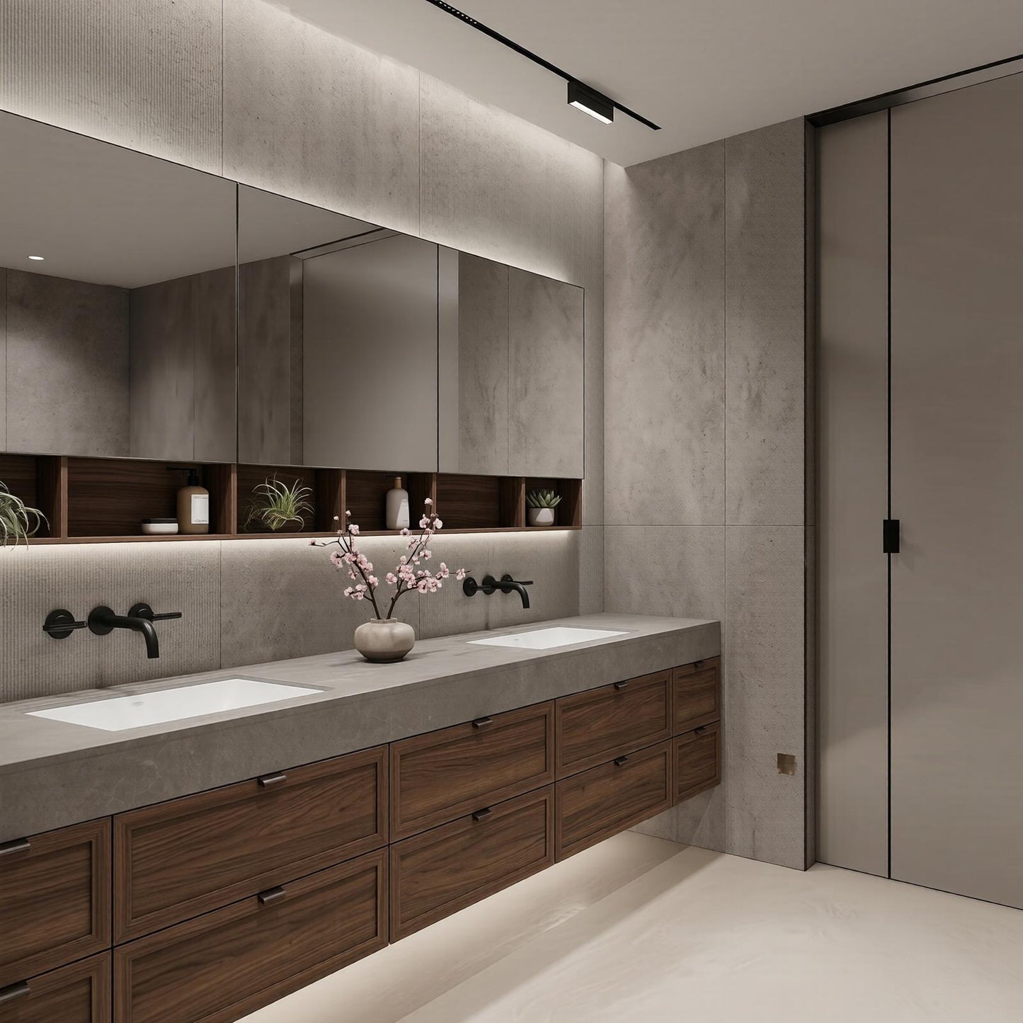 70''-96'' Modern Bathroom Vanity with Sink Double Sink Dark Walnut Slatted Shelf Cabinet