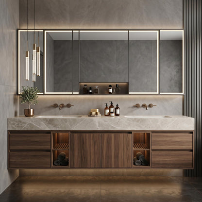 60''-96'' Double Bathroom Vanity with Sink Floating Dark Walnut Slatted Center Open Shelving