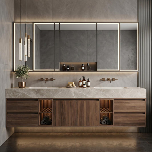 60''-96'' Double Bathroom Vanity with Sink Floating Dark Walnut Slatted Center Open Shelving