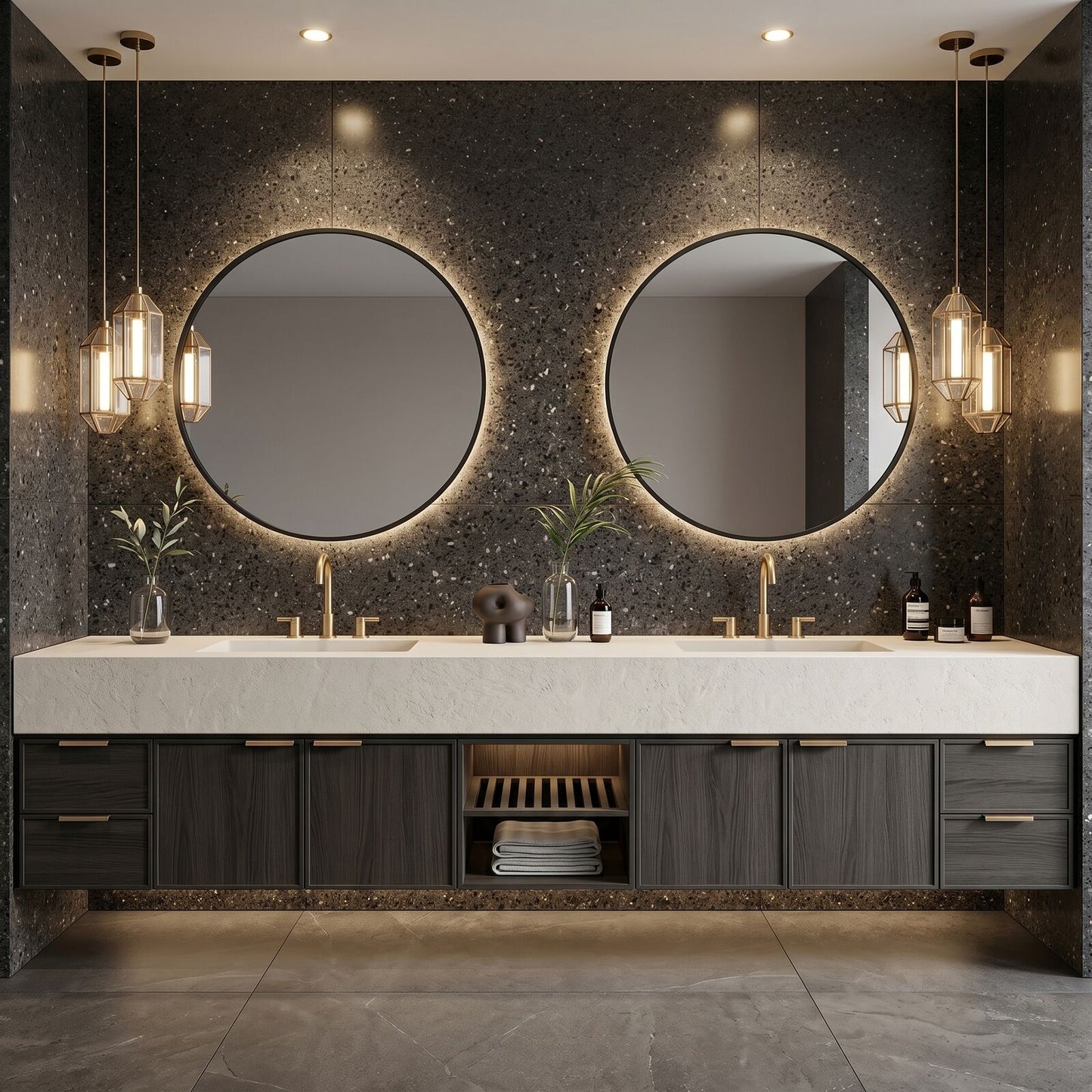 70''-96'' Double Bathroom Vanity with Sink Marble Top Dark Wood Grains Floating Shelf