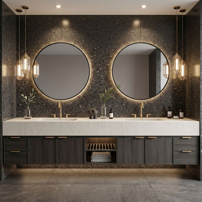 70''-96'' Double Bathroom Vanity with Sink Marble Top Dark Wood Grains Floating Shelf