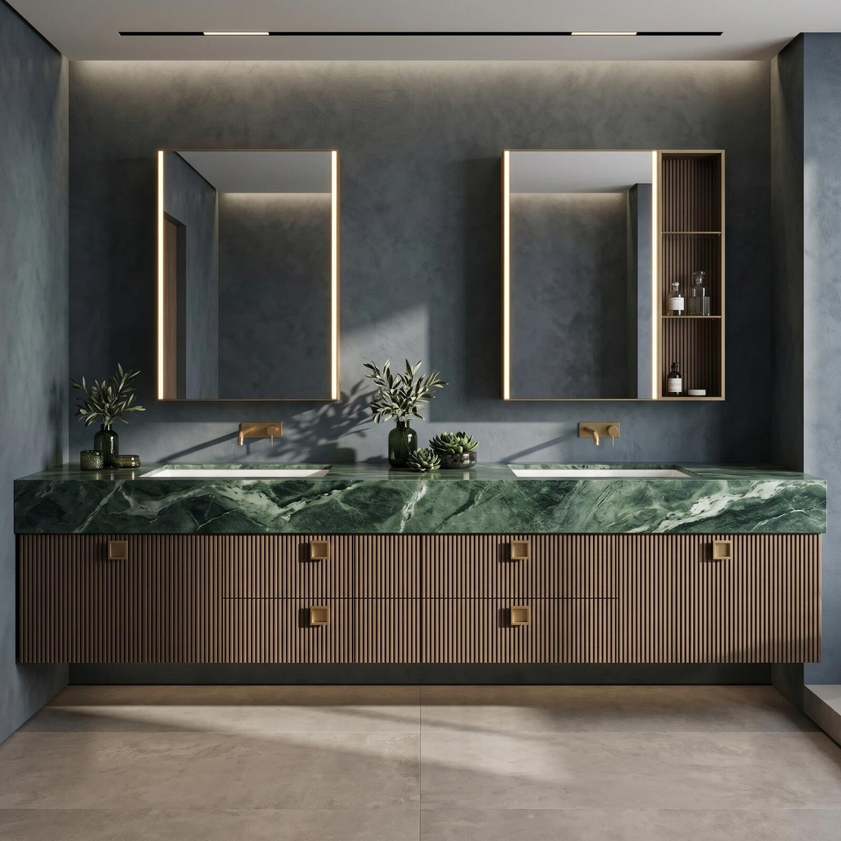 60''-96'' Double Bathroom Vanity with Sink Modern Green Marble Top Slatted Panels