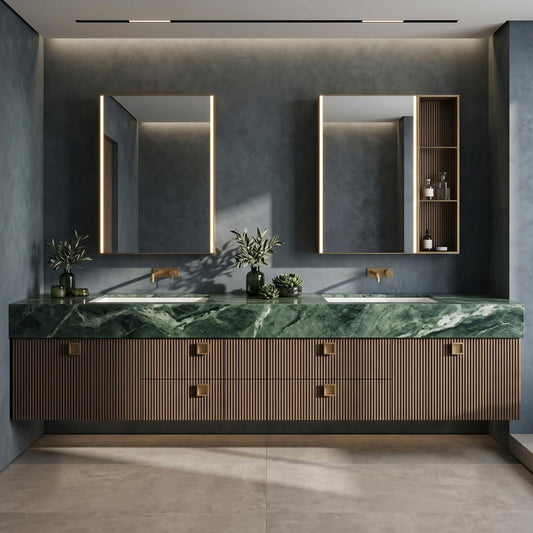 60''-96'' Double Bathroom Vanity with Sink Modern Green Marble Top Slatted Panels