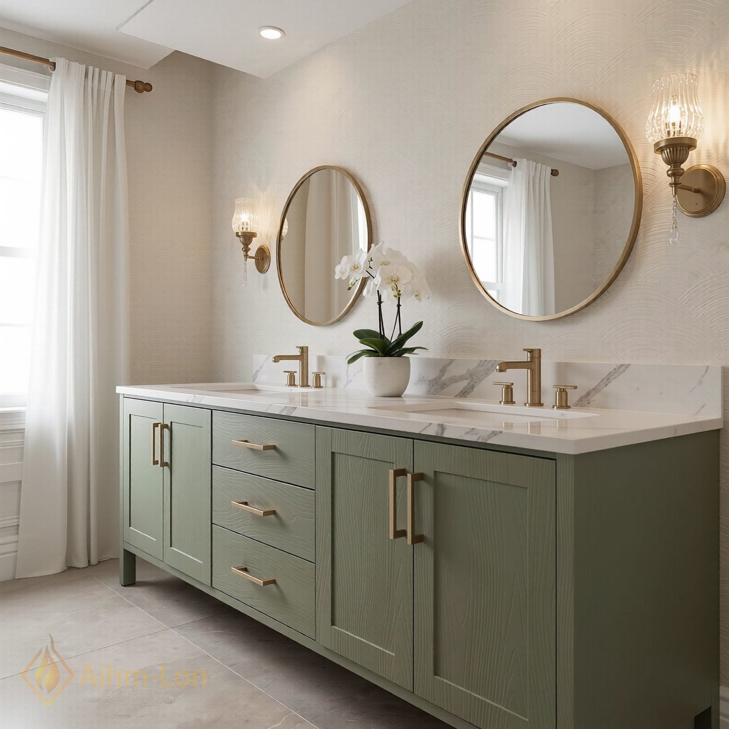 70''-96'' Modern Bathroom Vanity with Sink Wood Grain Shaker Marble Gold Drawers