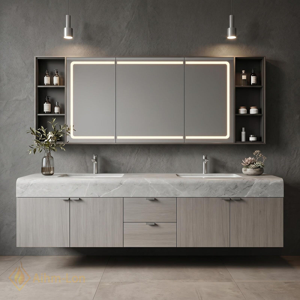 60''-96'' Bathroom Vanity with Sink Wide Span Floating Stone Countertop Mirror Cabinet