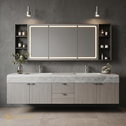60''-96'' Bathroom Vanity with Sink Wide Span Floating Stone Countertop Mirror Cabinet