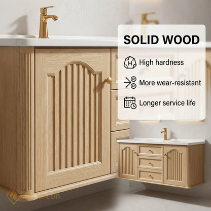 60''-96'' Modern Bathroom Vanity with Sink Floating Cream Arch-Topped Mirrors Drawers Storage