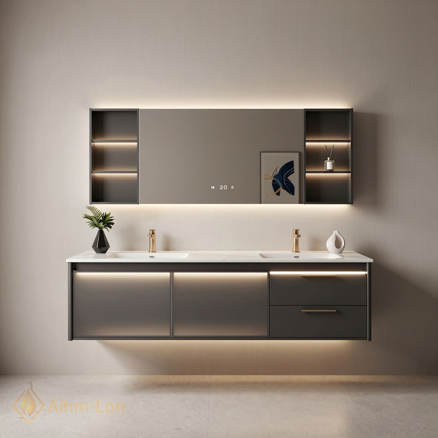 60''-96'' Modern Bathroom Vanity with Sink Double Sink Soft Matte Grey Floating Line Mirror