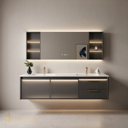 60''-96'' Modern Bathroom Vanity with Sink Double Sink Soft Matte Grey Floating Line Mirror
