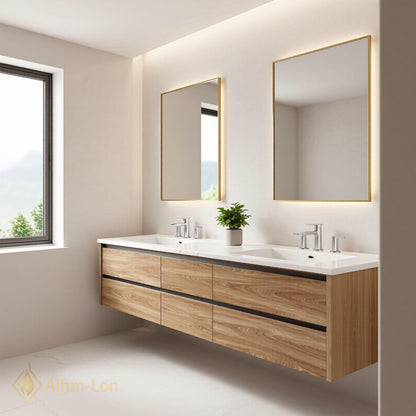60''-96'' Modern Bathroom Vanity with Sink Floating Marble Drawers Illuminated Mirror